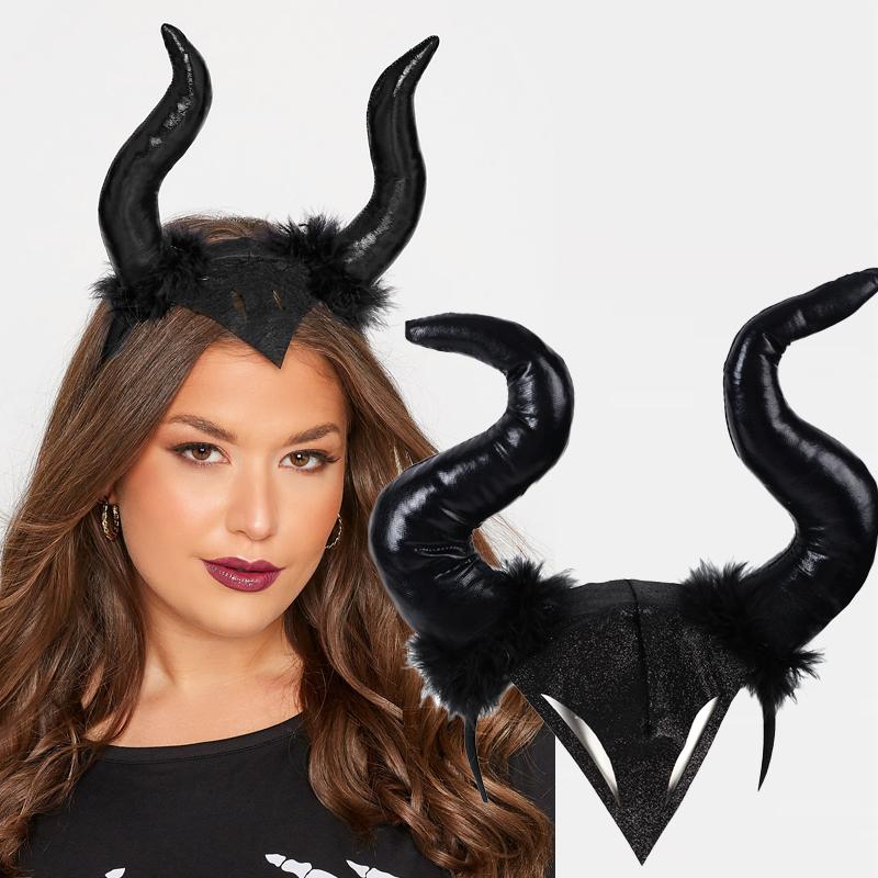 Women Halloween Long Demon Ox Horn Headband Evil Queen Glitter Hair Hoop Cosplay Costume Magic Witch Headpiece Accessory