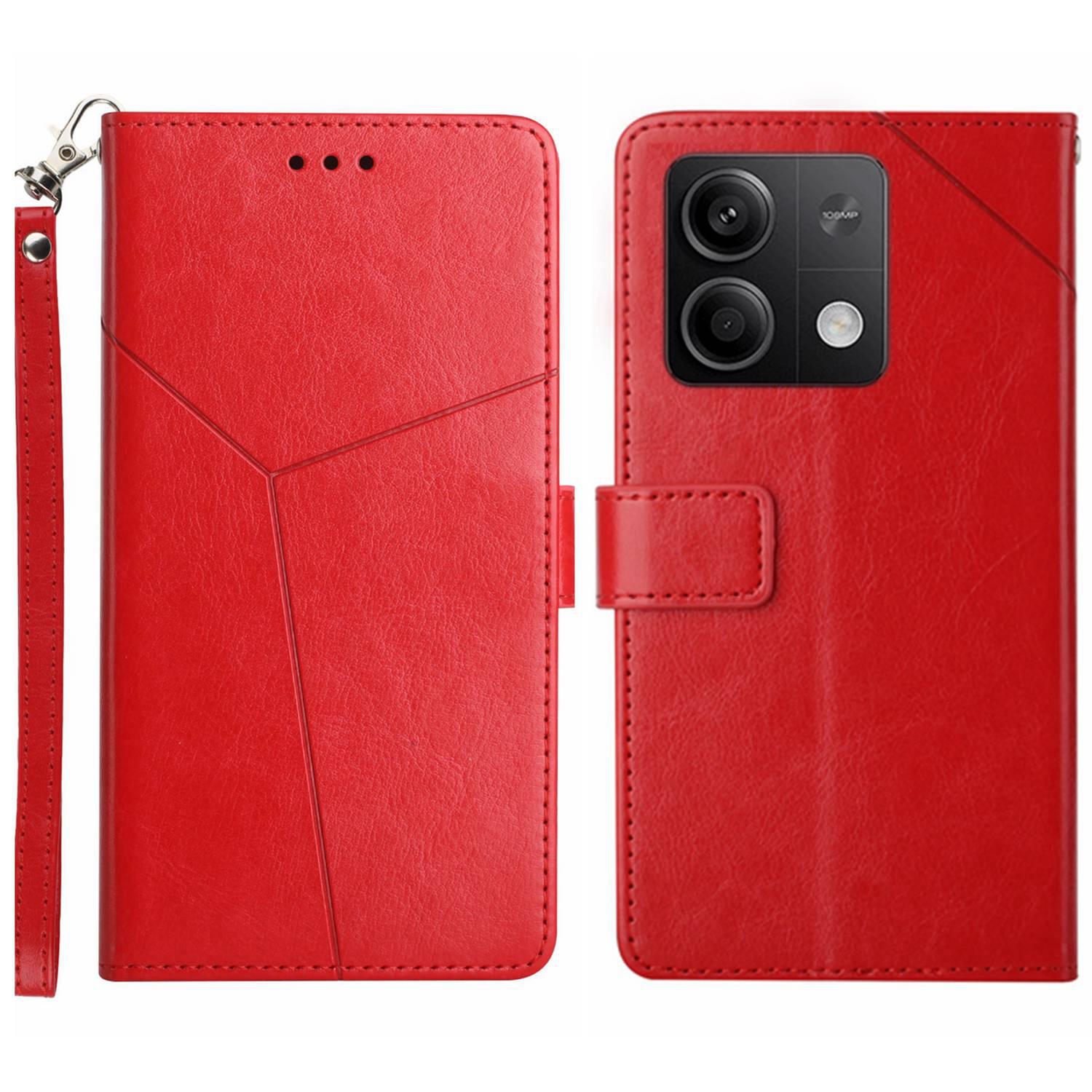 

For Xiaomi Redmi Note 13 Pro 4G/Poco M6 Pro 4G Case with Wrist Strap Y Shaped Lines Imprint Leather Phone Cover Red