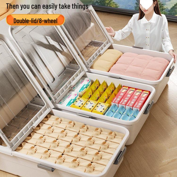 Under-bed Transparent Storage Box with Wheels for Clothes and Quilts