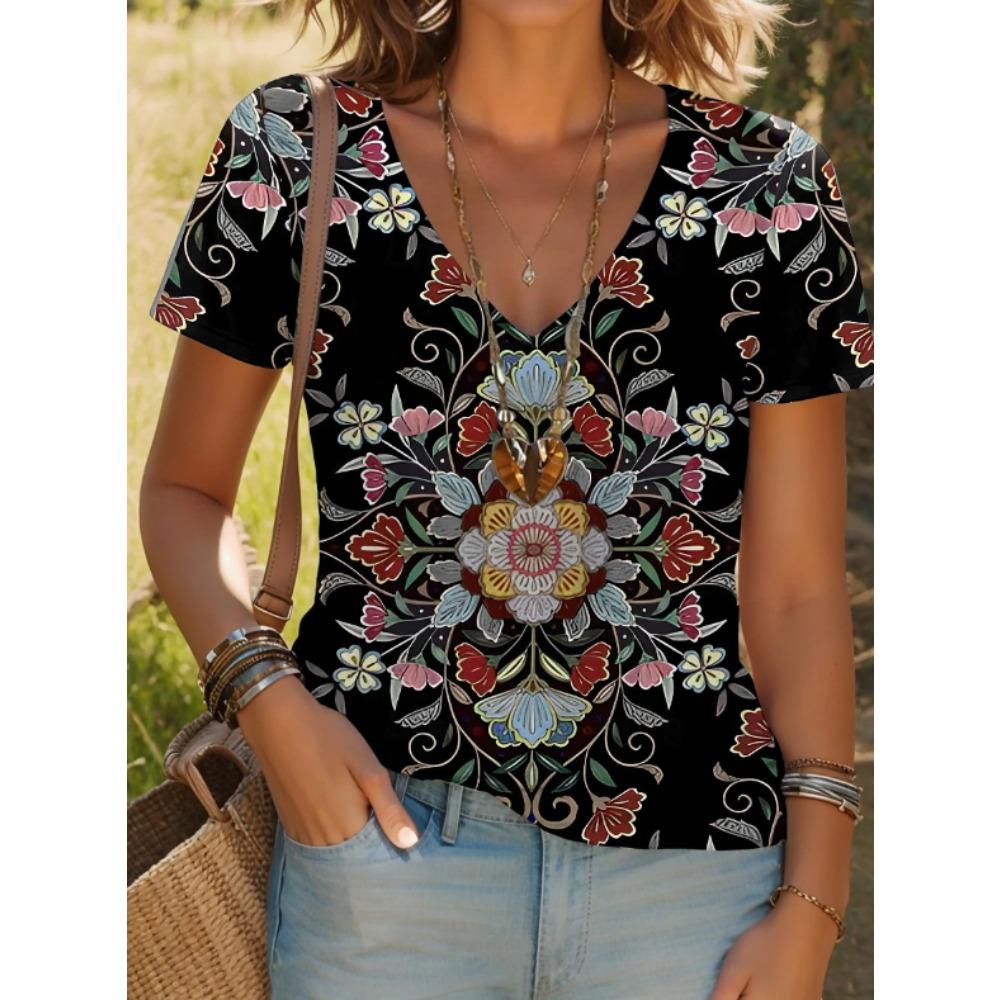 Damen Sommer T-Shirt Vintage Muster Print Kurzarm T-Shirts Lässige Bedruckte Tops