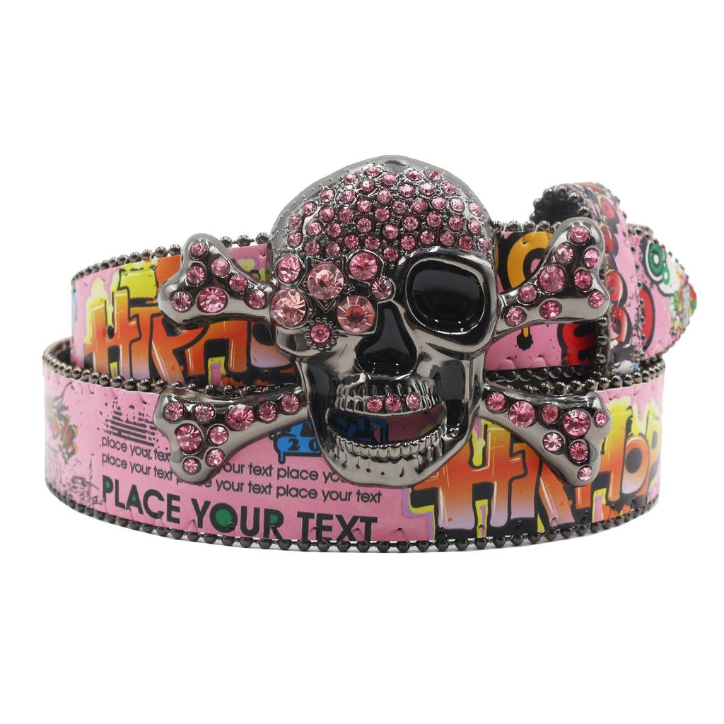 New Skull with Diamond Graffiti Casual Versatile Individual Belt Rhinestone Belt Decoration European and American Versatile