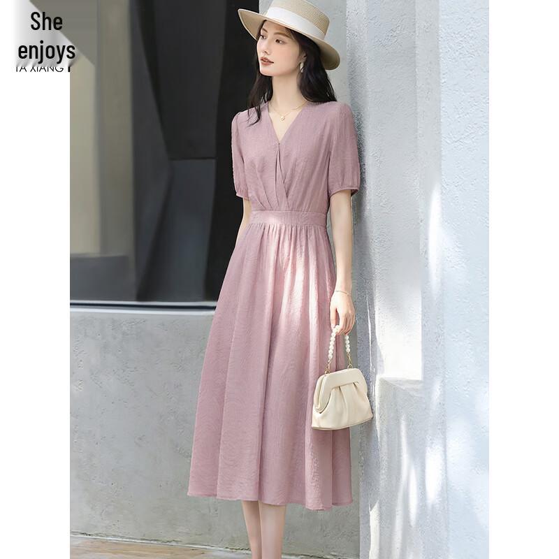 Women's Lyocell V-neck Short Sleeve A-line Midi Dress