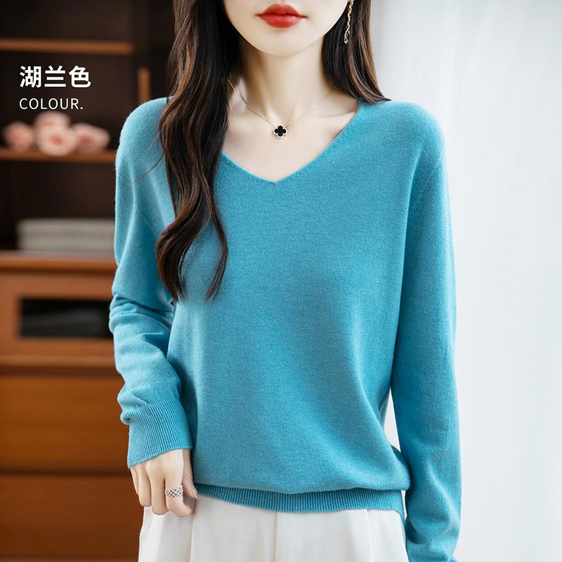 Women's V-neck Sweater Qinghe Cashmere 30% Cashmere 70% Wool Autumn and Winter Fashion Warm Versatile