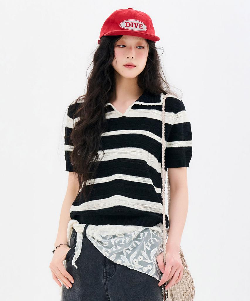 CHASECULT Women'S Striped Open Collar Short Sleeve Summer Knit-Fbrg5672D03