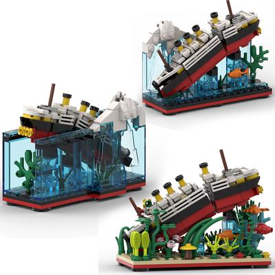 Titanic Cruise Ship Model MOC Break In Half Building Blocks Sea Life Fish Plant Bricks Boat Sets Display Assemble Toys