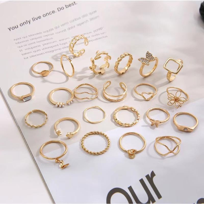 Vintage Hollow-out Ring Luxury Butterfly Flower Ring Star Simple Jewelry Accessories Ring Love Women Party Versatile 23 Pieces Set Ring