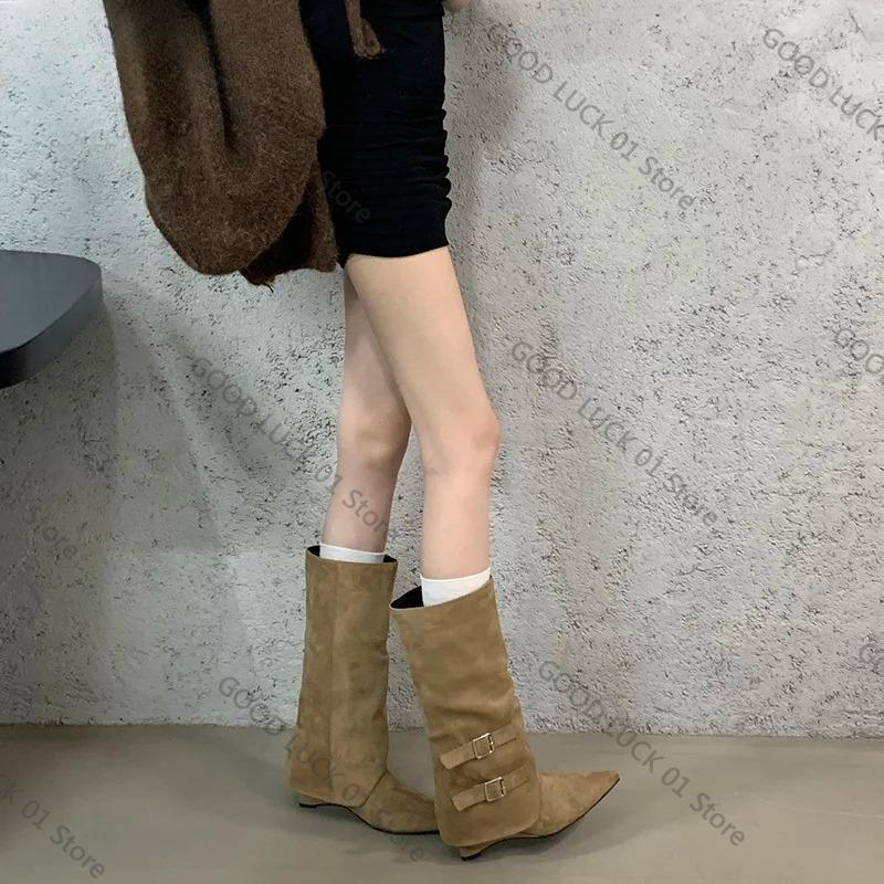 Fashion 2025 Vintage Suede Women Trouser Legs Boots Fashion Belt Buckle Slip On Shoes Autumn Winter Wedges Heel Ladies Long Booties