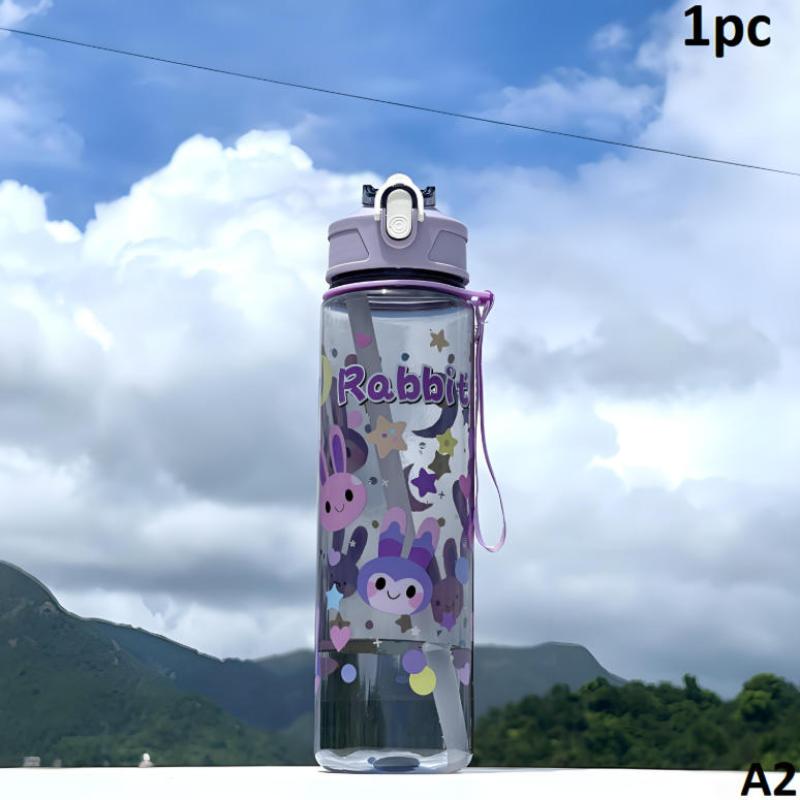 

790 мл Пластикова пляшка для води з малюнком кота та кролика, чашка з трубочкою та ручкою для перенесення, портативна, підходить для подорожей на природі та шкільного використання A2