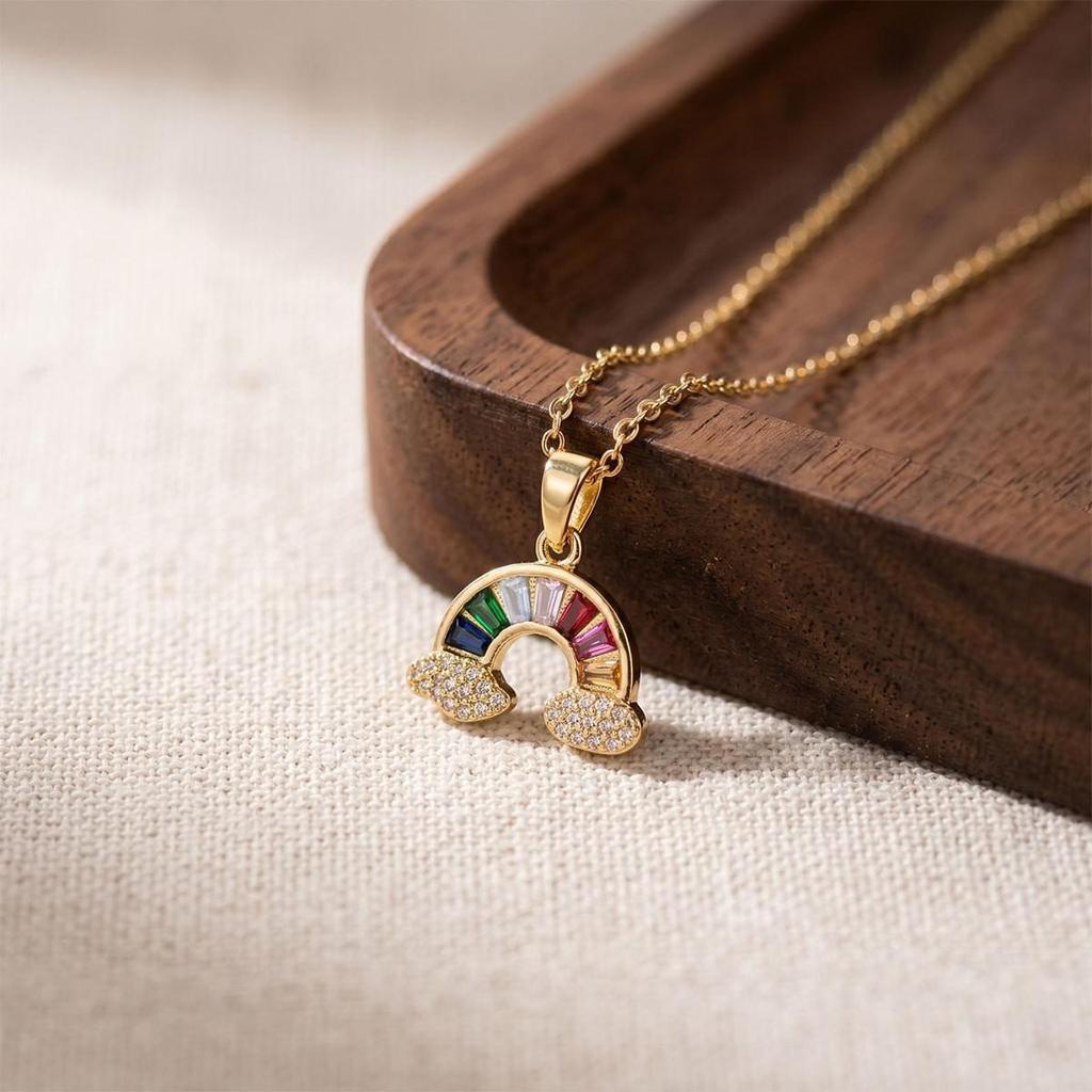 Women's Titanium Rainbow Cloud Pendant Necklace: Sweet, Colorful, Luxury Design