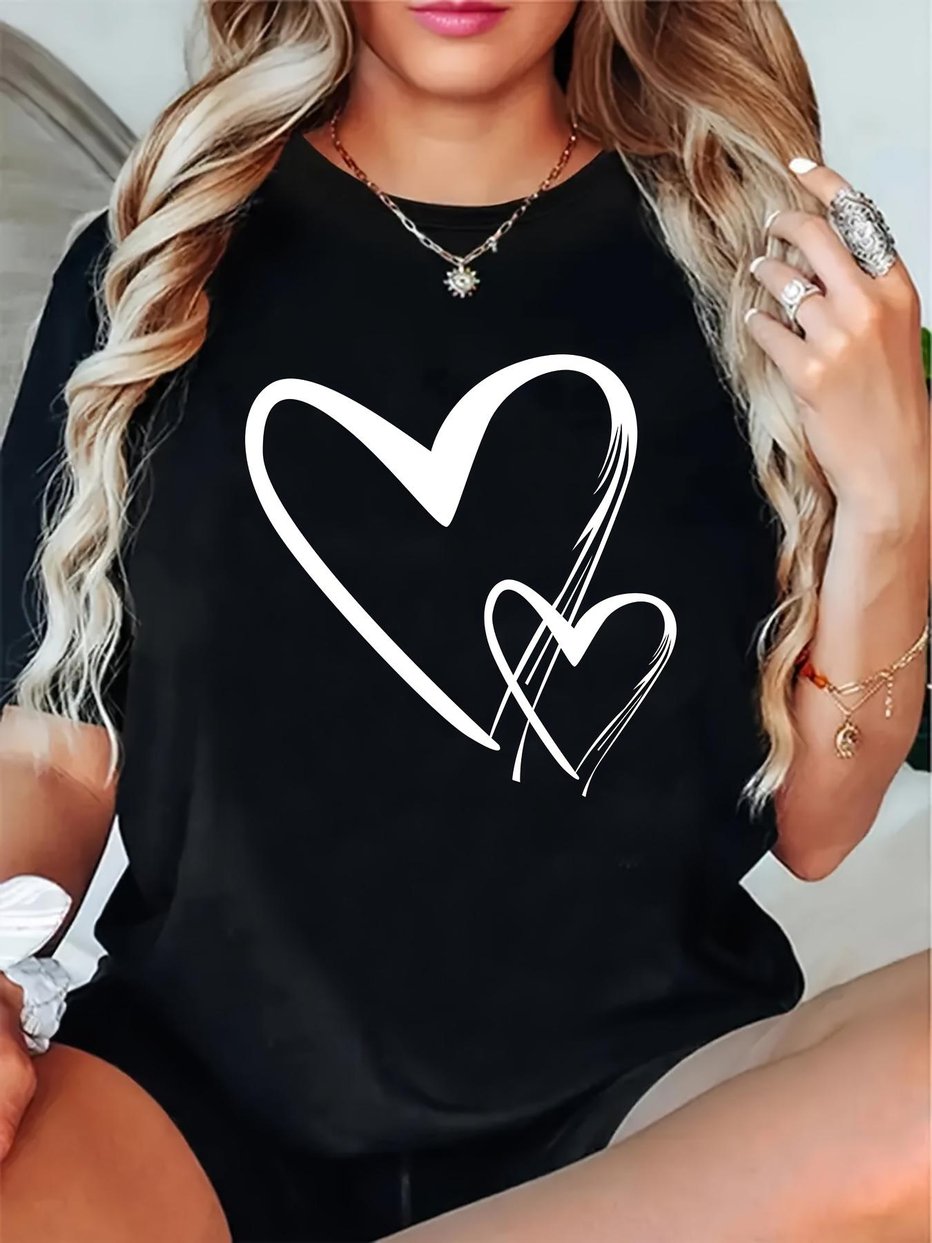 TShirt with Heart Design Black with White Heart Graphic Harajuku Short Sleeve Casual Clothing Street Tops Tee Aesthetic Clothes S
