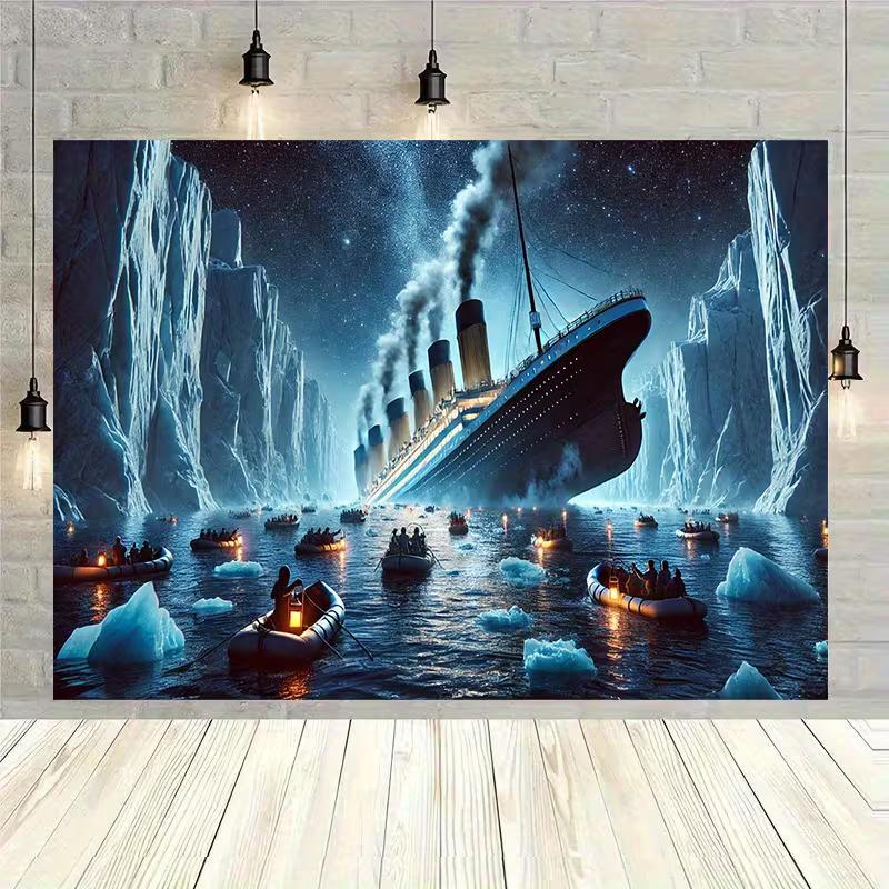 2D RMS Titanic Banner, Historical Ship Disaster Scene with Lifeboats