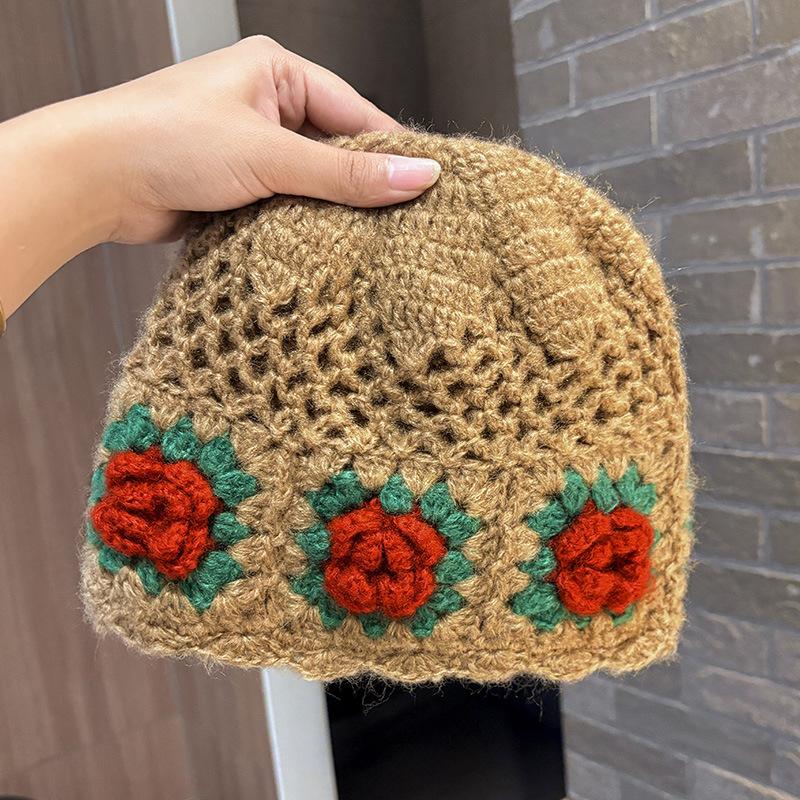 Versatile Handmade Crochet Hat Women's Spring and Autumn New Knitted Wool Hat Big Head Circumference Hollow Bag Head Hat