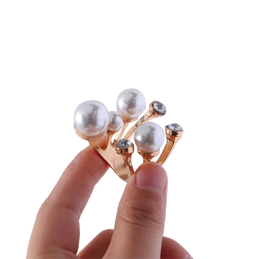 Women Rhinestone Jewelry Oversize Irregular Finger Rings Multi Pearl Rings Open Rings Shiny Crystal