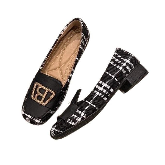 Plaid Color Matching Small Fragrant Wind Small Leather Shoes Women's 2025 Autumn New Metal Buckle Fashionable Versatile Thick Heel Light Mouth Sin