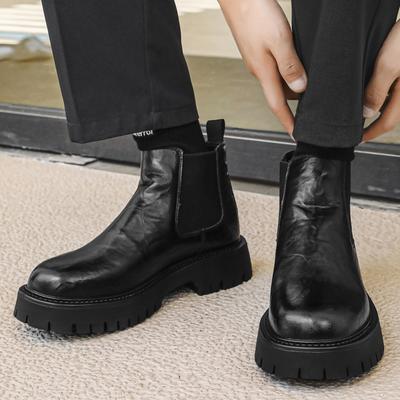 Herren Casual Business Büro Chelsea Boots Herbst Winter Schuhe Cowboy Naturleder Stiefel Schwarz Stilvolle Plateau Stiefeletten