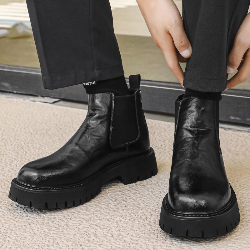 men's casual business office chelsea boots autumn winter shoes cowboy natural leather boot black stylish platform ankle botas