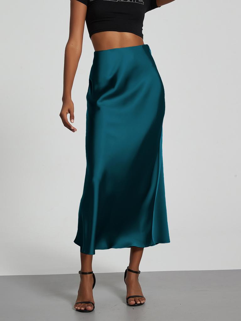 Women's Clothing Elegant Satin Midi Skirt Slim Fit High-Waisted Dress