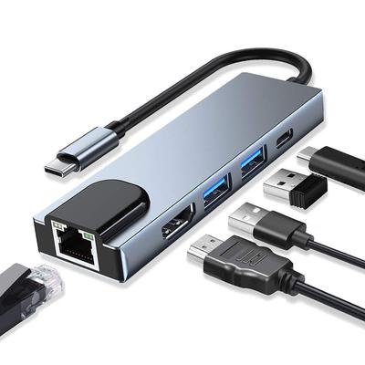 Meisei Typ C Hub USB C Hub RJ45 Ethernet Konvertierungsadapter 5IN1 PD-Stromversorgungsanschluss 2USB-Anschlüsse Hochgeschwindigkeitsdatenübertragung 4K-Auflösung HDMI-Ausgang