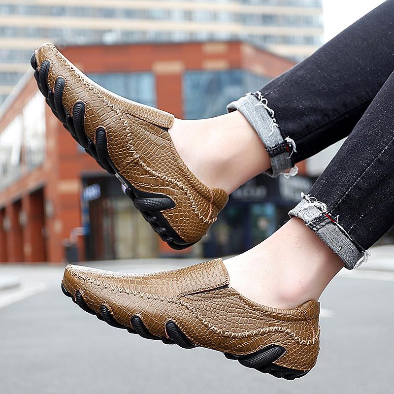 Luxury Genuine Leather Men's Crocodile Black Brown  Bean Shoes Moccasin Leisure Drive Shoes Fashion British Style Man Loafers