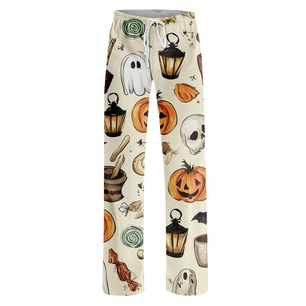 Damen Halloween Print Kordelzug Hose Lässige Lounge Hose Elastischer Bund Entspannte Passform Vollständige Länge Hose für den Alltag