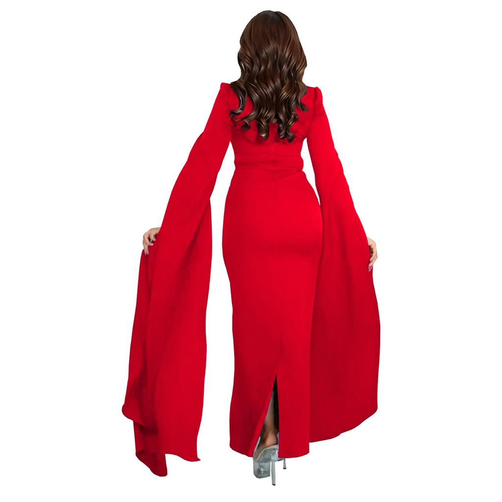 Cross-Border Elegant Women's Dress with Back Slit, Cape Sleeves, and Rhinestone Details