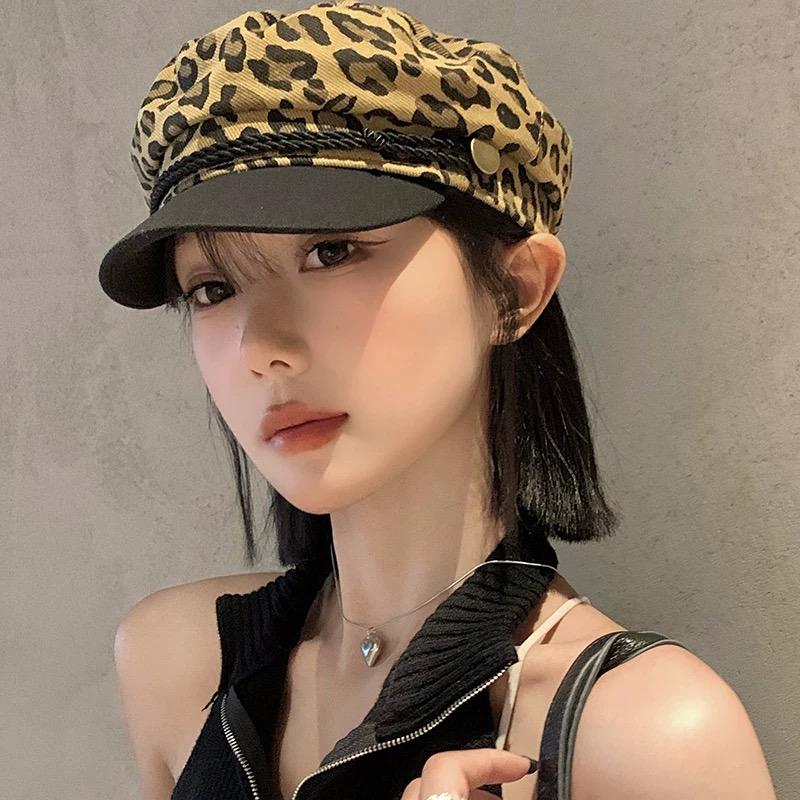 Vintage millennial hot girl Y2K leopard print octagonal beret women's summer versatile big head circumference small face small h