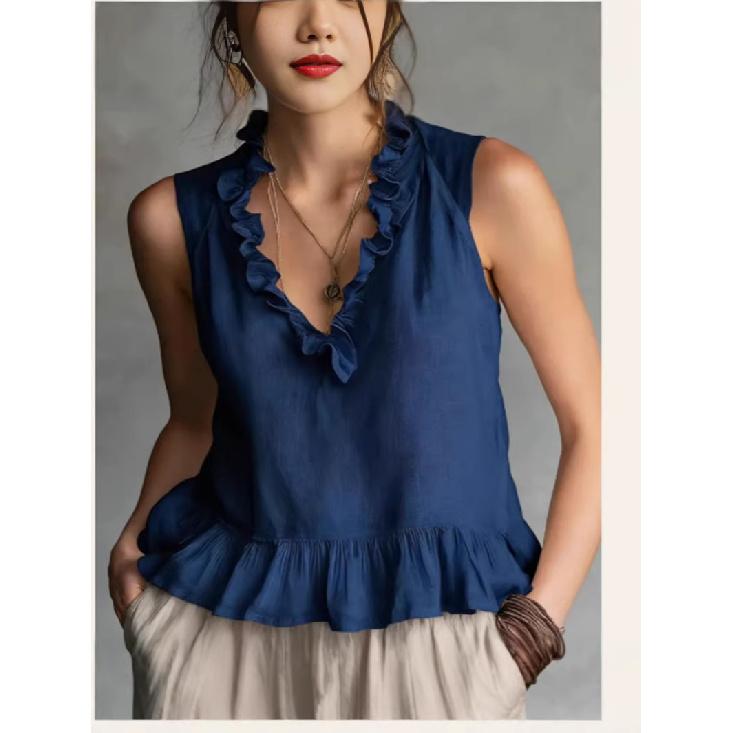 2026New Spring and Summer Sleeveless Ruffle Hem Women's Blouse