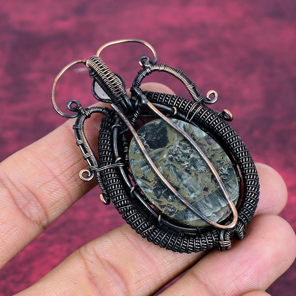 Tree Of Life Copper Seraphinite Pendant Copper Wire Wrapped Gemstone Pendant Rainbow Moonstone Jewelry