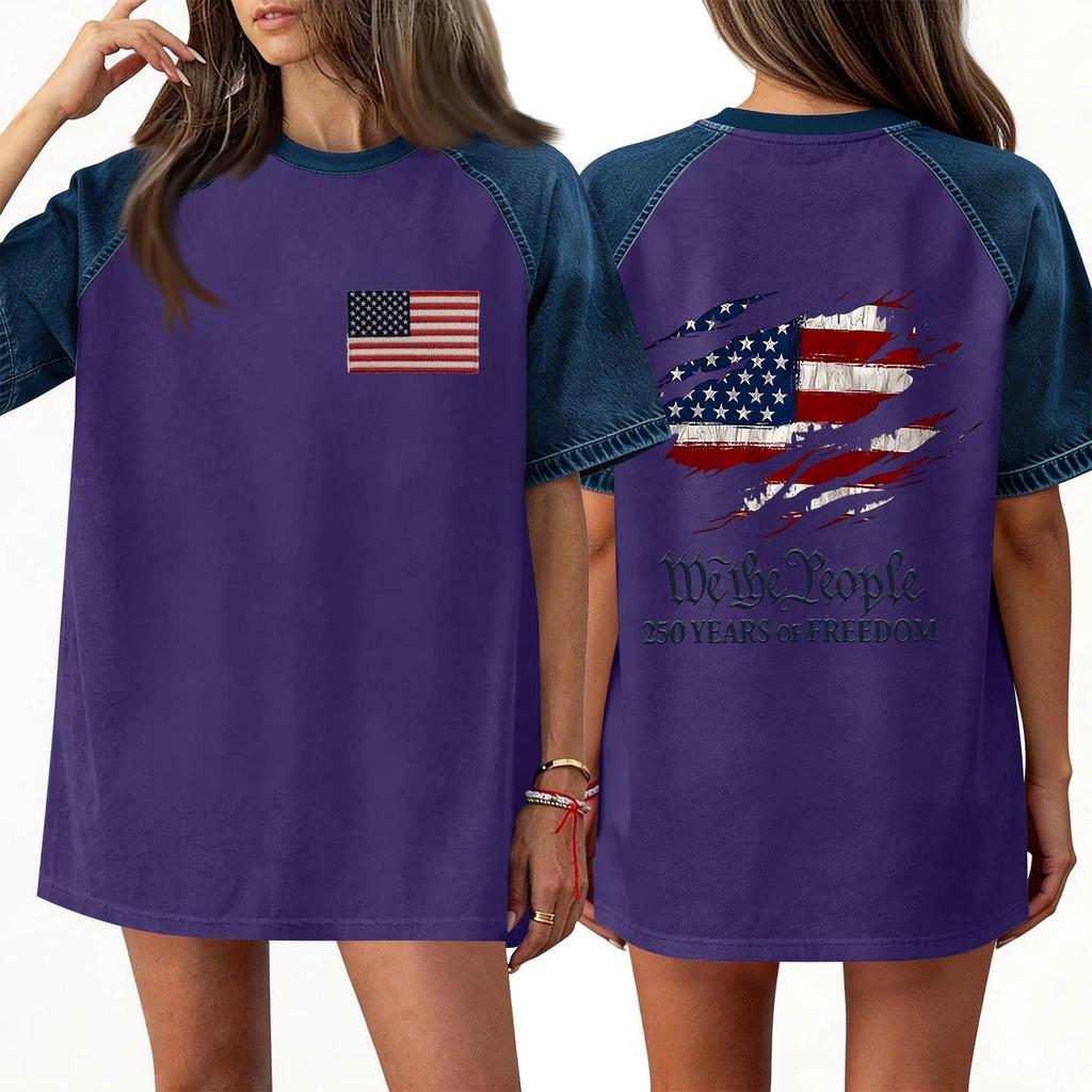 Denim Patchwork Shirts For Women Stand Collar Casual Blouse Short Sleeve Comfy Tshirt Spring Summer Fashion