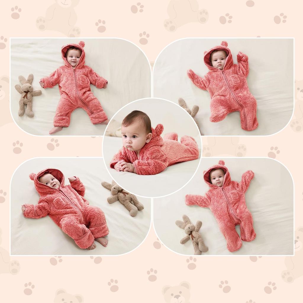 Fairy Baby Elf Baby Romper Fluffy Baby Boys and Girls Long Sleeve Jumpsuit with Hood and Bear Warm Cute Newborn Gift Size Coverall, Ears, Thick,