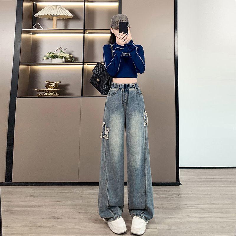 Dames Plus Size Losse Jeans met Hoge Taille en Wijde Pijpen, Slank Makende Student Fit