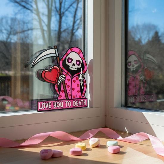 Love You To Die Grim Reaper Window Corner Sticker Vintage Pink Grim Reaper Decal for Windows Walls Bedroom Coffee Shop Decor