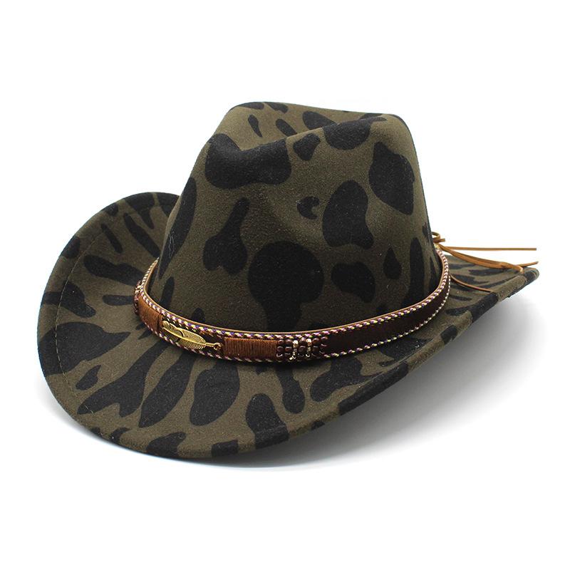 Retro Ethnic Style Wool Cow Pattern Big Eaves Wide Edge Protection Warm Western Cowboy Top Hat Men'S And Women'S Style