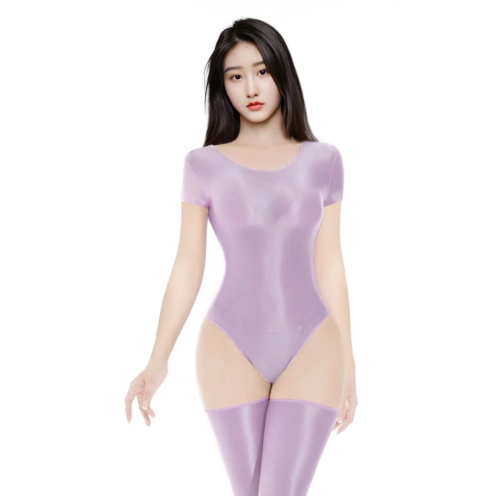 Sexy Women Stain Smooth High Cut Bodysuit Oil Glossy Shiny Elastic Dance Maid Tights Yoga Shapping Leotard One Pieces T-Shirt