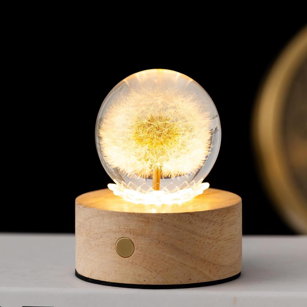 Dandelion Crystal Ball Night Light with 3D Carving and Solid Wood Base