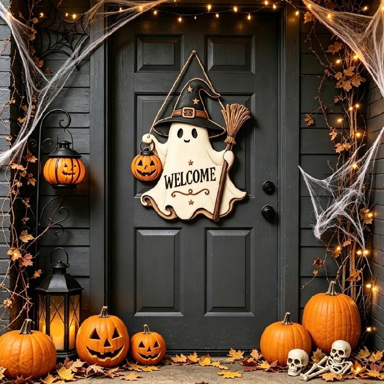 Halloween Porch Wall Sign for Front Door Entryway Display, Funny Wooden Hanging Pendant Accent for Fall Party Setup