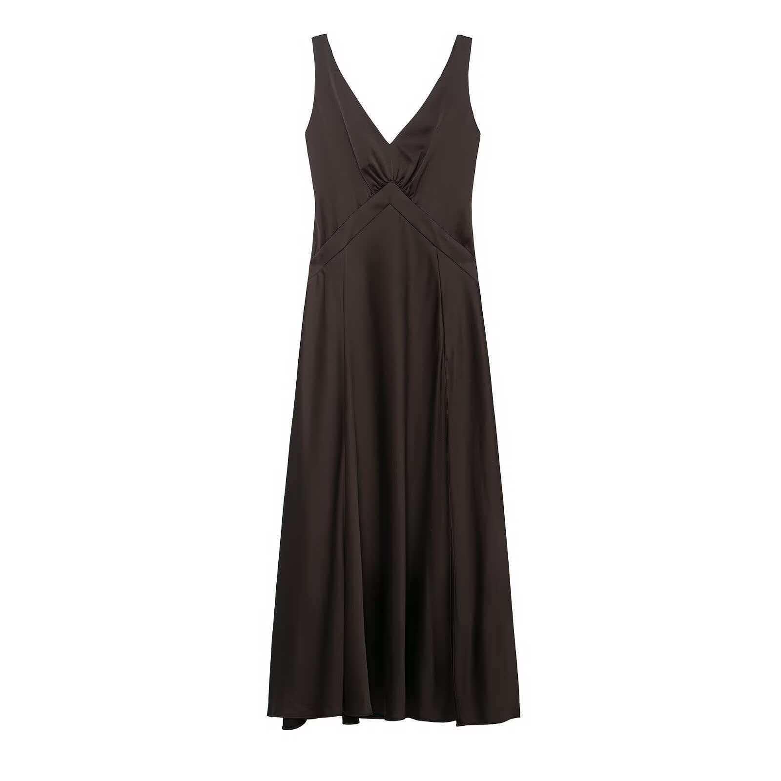 

Elegant Women s Summer Satin Deep V Sleeveless Slim Waist Long Dress XS глубокий/коричневый