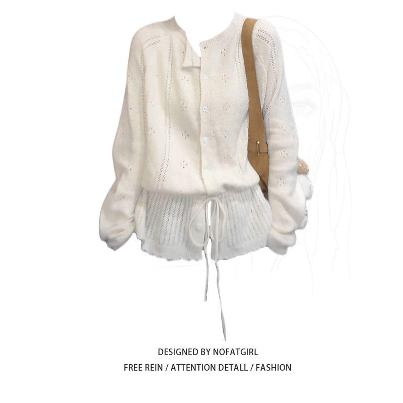 Plus-Size Korean-Style Gentle Crochet Hollow-Out Knit Sweater for Women, Autumn Drawstring Slimming Design Long-Sleeve Top Tops M
