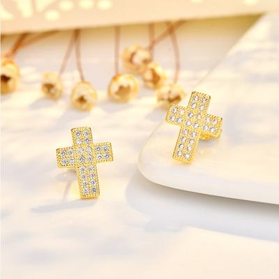 Orecchini a perno a croce Ago in argento sterling Moda di fascia alta Atmosferici Micro-incastonati Zirconi Orecchini placcati in oro