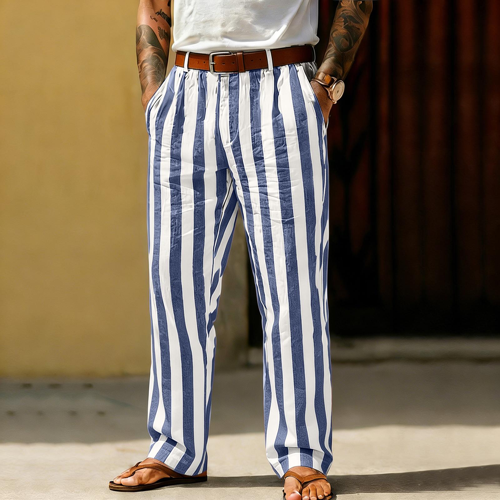 Men s Sporty Casual Striped Elastic Waist Straight Leg Pants L