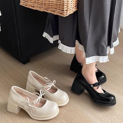 Mode Temperament Französisch Weiß Schleife Dicker Absatz High Heels Damen 2025 Neu Frühling und Herbst Rock Mary Jane Schuhe