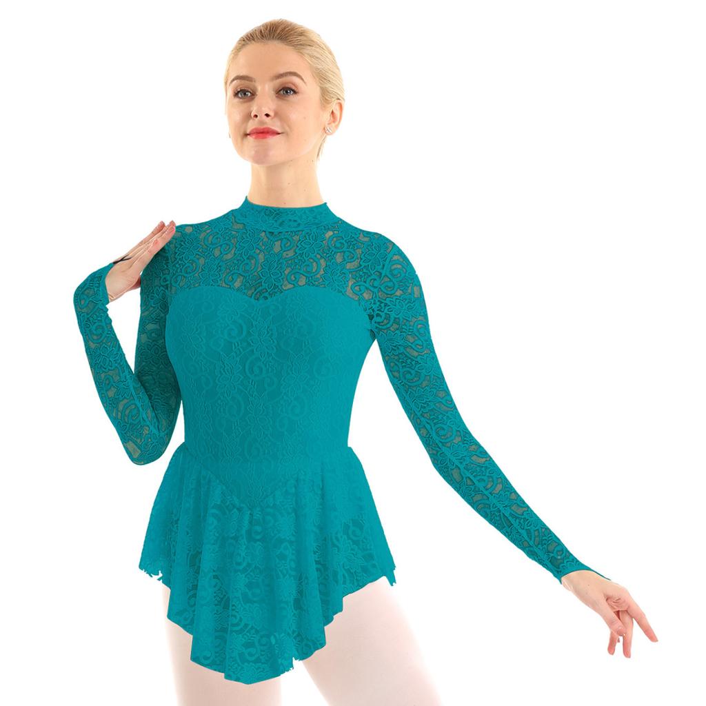 Women's Floral Lace Ballet Dance Leotard Fingerpoint Sleeves Figure Ice Skating Dress Costume