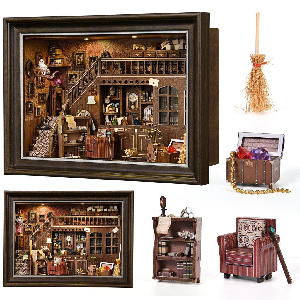 Book Nook Kit Secret Attic DIY 3D Wooden Puzzle Bookshelf Insert Dollhouse Model Bookend Building Home Decoration Photo Frame
