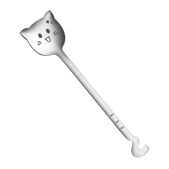 Cat Face Coffee Spoon, 304 Stainless Steel Cute Hanging Spoon with Curved Tail, Long Handle, Stirring Spoon for Mug Cup, Coffee Milk Tea Dessert Gift