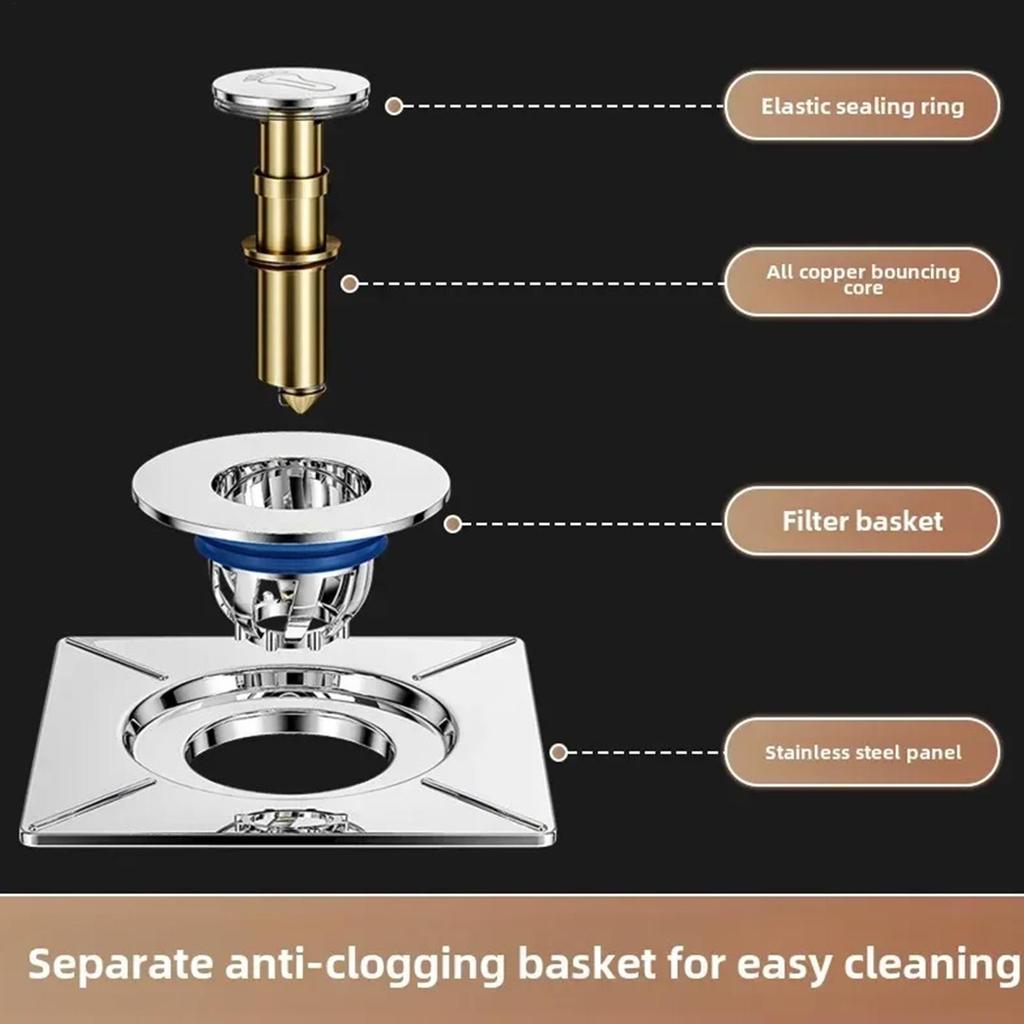 10*10cm Brass Chrome Pop-up Foot Floor Drain Anti-odor Bath Drains Push Down Deodorization Square Matte Shower Room Plug Cover