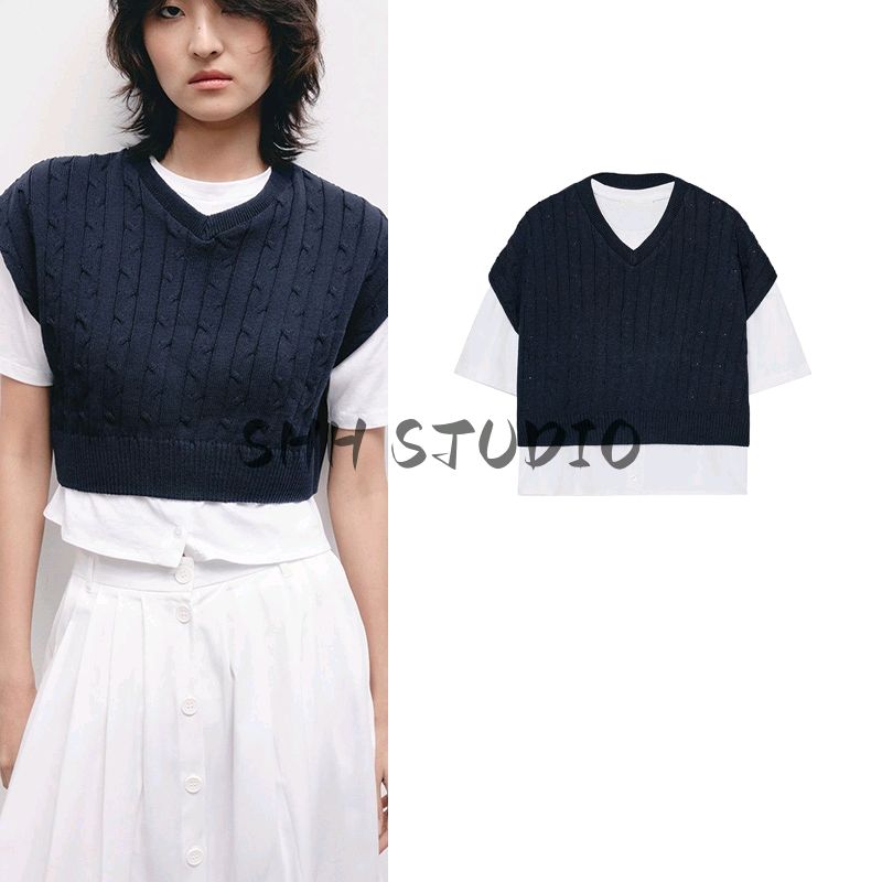 Spring New Women's Clothing Idle Style Vest Stitching Cotton Plaid round Neck Short Sleeve T-shirt Top 5644321