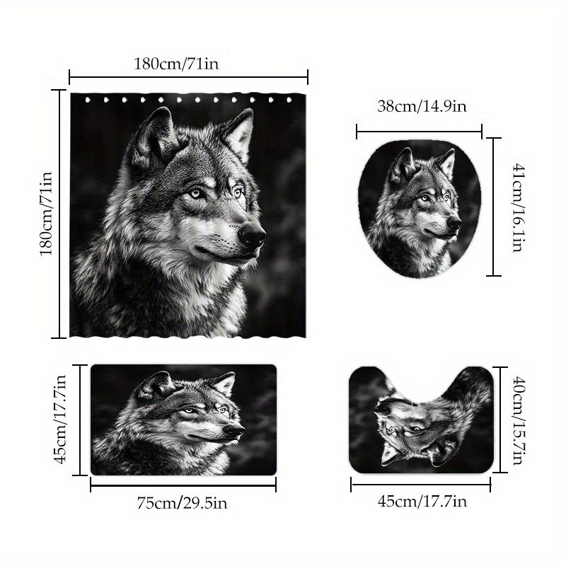 1/4 Set, Wolf King Gaze Shower Curtain Set, Ready To Use, Black And White Color Scheme, Polyester Fabric, With Non-Slip Bath Mat