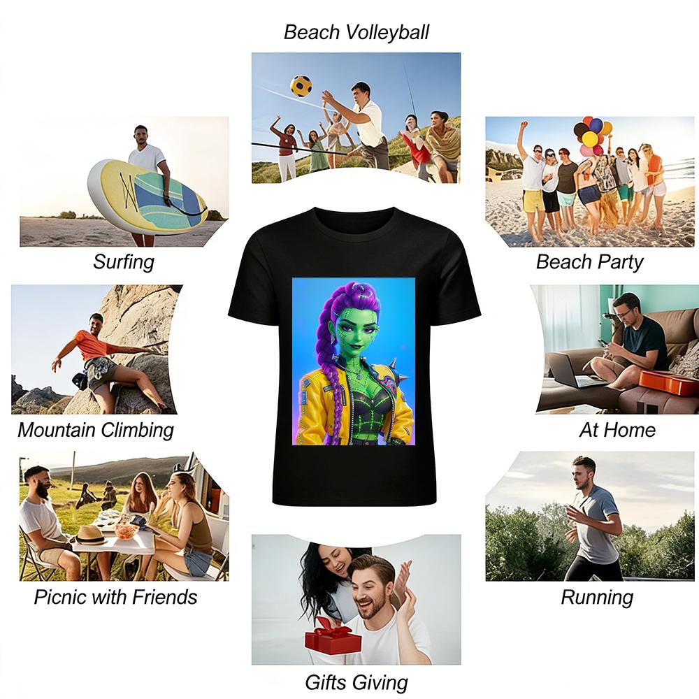 Cyberpunk Frankenstein Style Printed Top Trendy Green Skin Purple Braid Streetwear Casual T-Shirt Pure cotton T-shirt