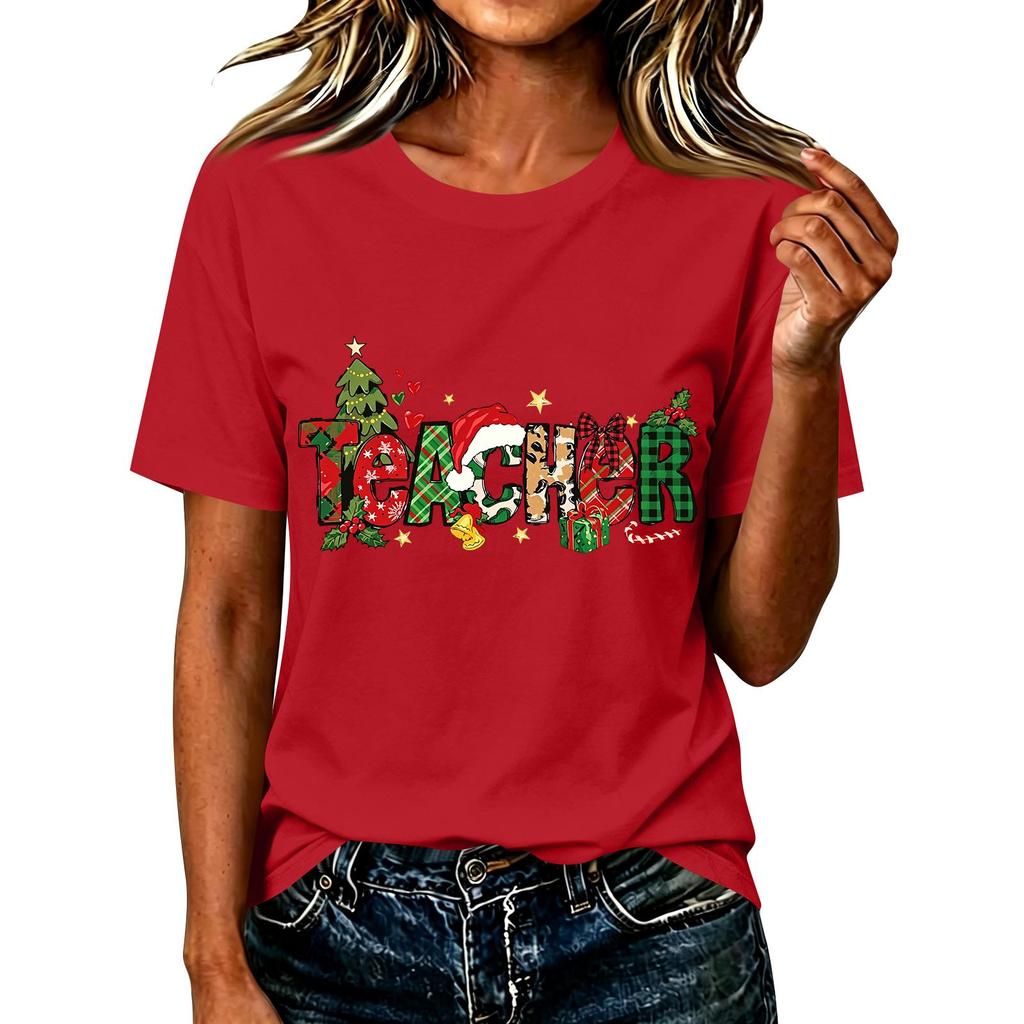 Women's Christmas Printed Short Sleeve T-Shirt Casual Holiday Top