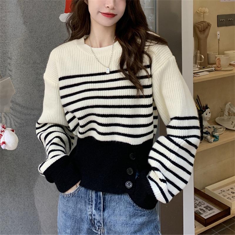 Chic Autumn and Winter Pullover Round Neck Thick Women's Knitwear All-match Loose Striped Long-sleeved Sweater Women